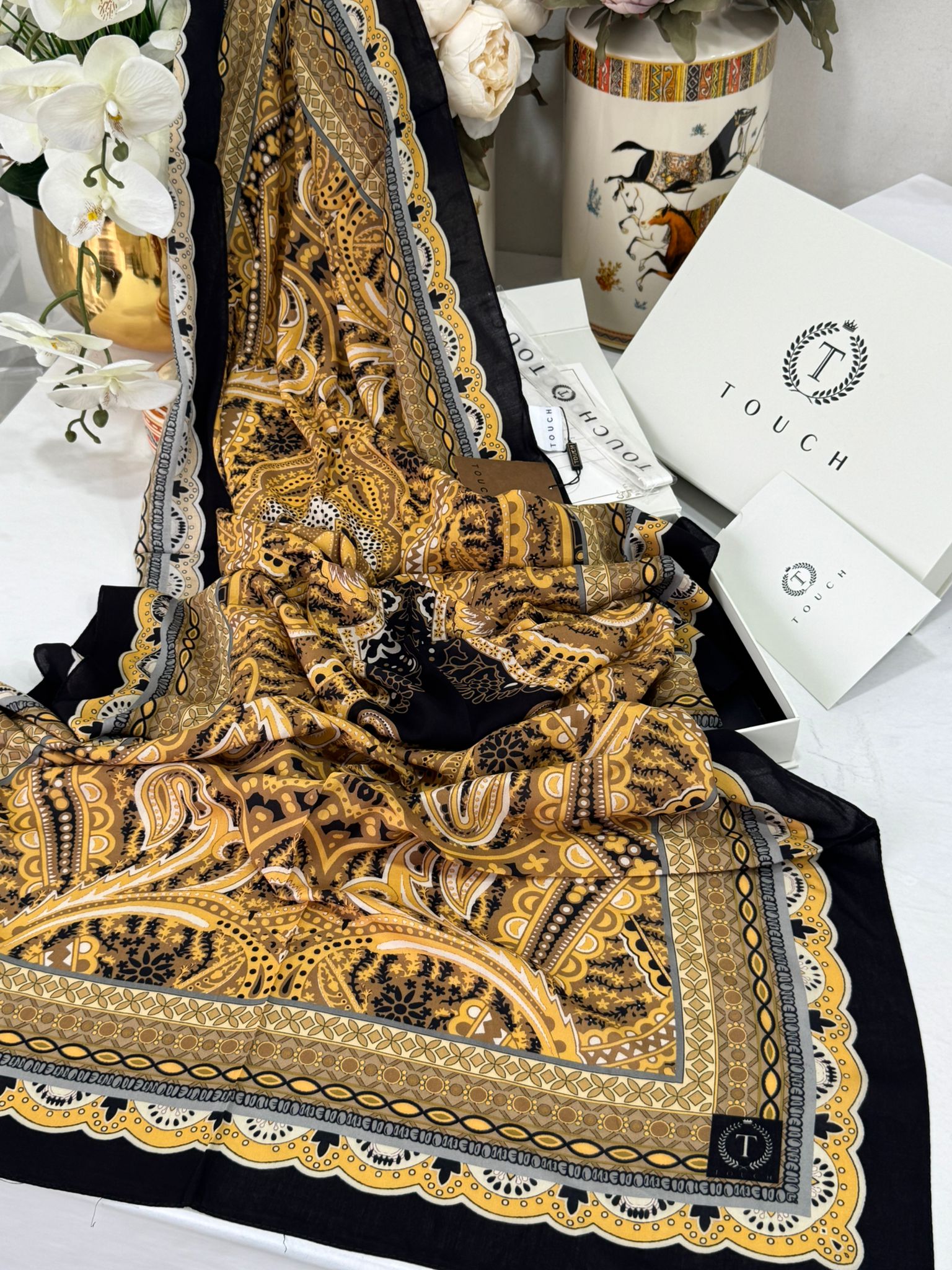 Touch İthal Etnik Desen Pamuk İpek Şal 63460- Vizon-Siyah