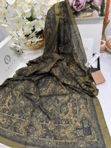 Touch İthal Etnik Desen Pamuk İpek Şal 63456 - Haki