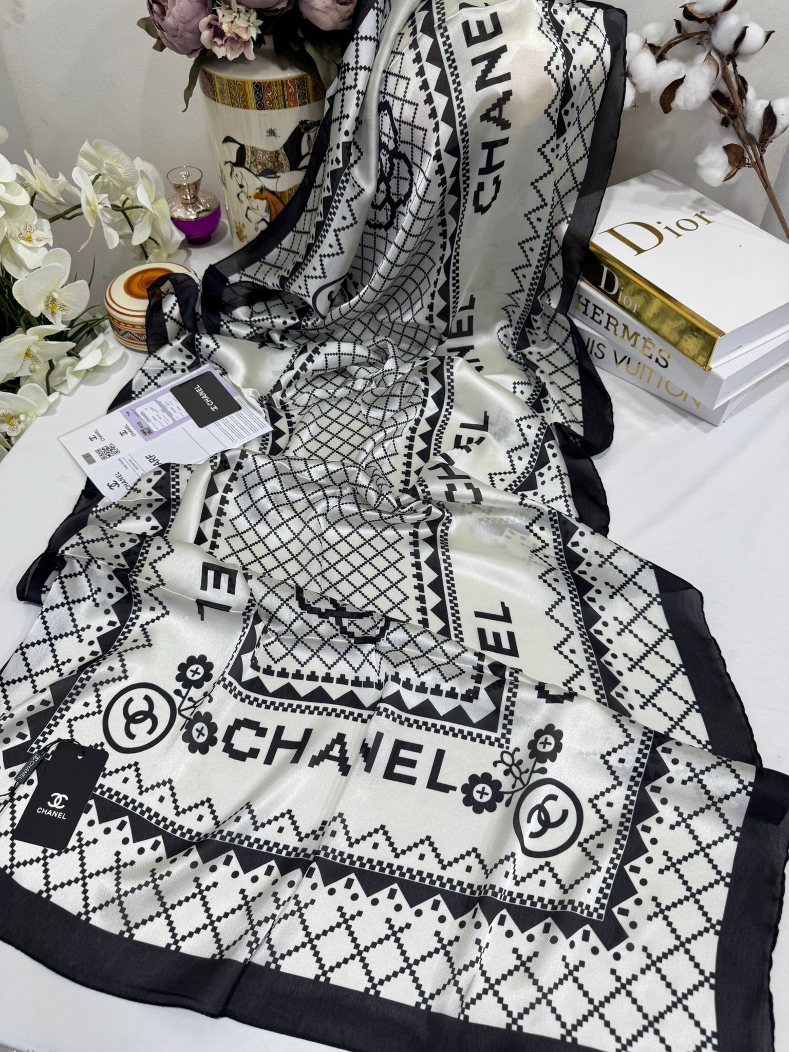 Chanel Çift Taraflı İthal Vual İpel Şal 85651 - Ekru