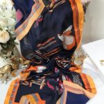 Hermes  İthal Çifttaraflı Vual İpek şal-19050 Lacivert Turuncu