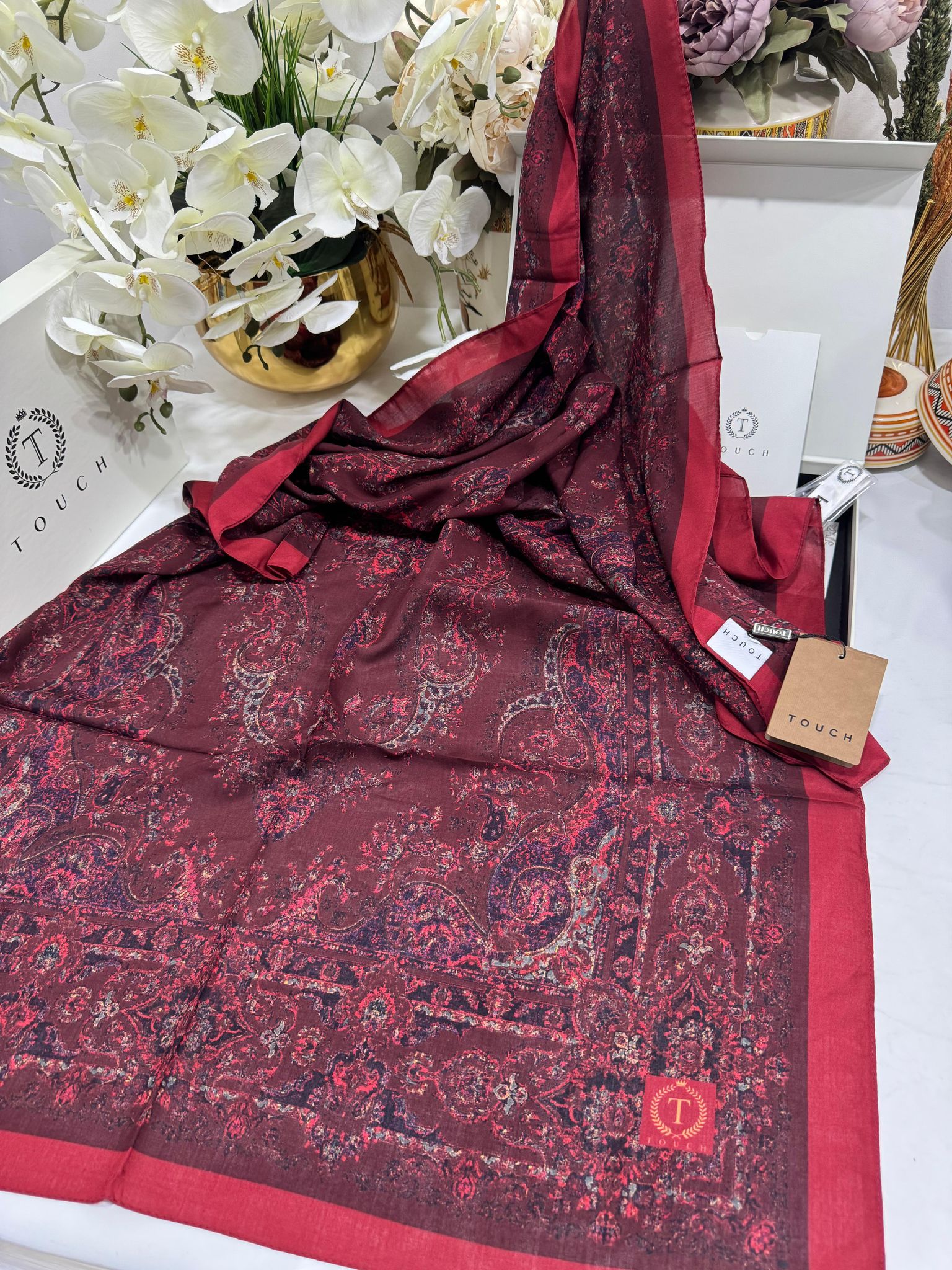 Touch İthal Etnik Desen Pamuk İpek Şal 63456 - Kırmızı