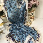 LV Desenli İthal Vual İpek-Mavi Ekru