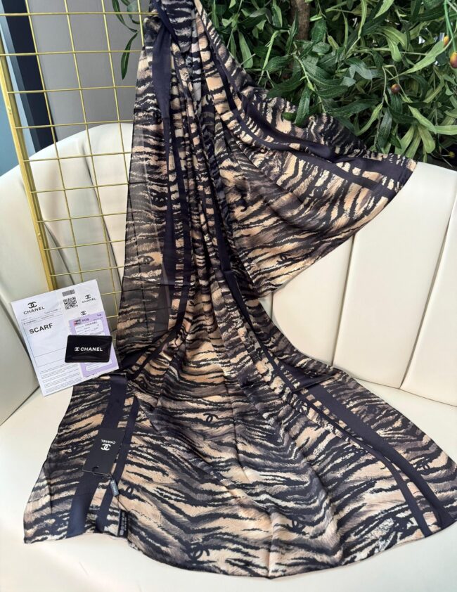 Çizgili leopar çifttaraflı vual ipek şal-43080 Lacivert