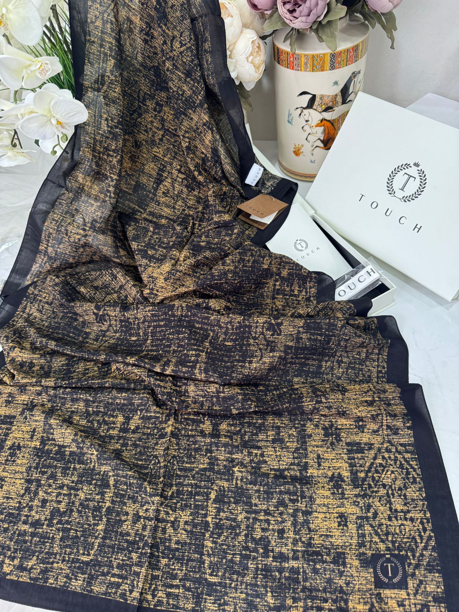 Touch İthal Etnik Desen Pamuk İpek Şal 63457 - Gold Siyah