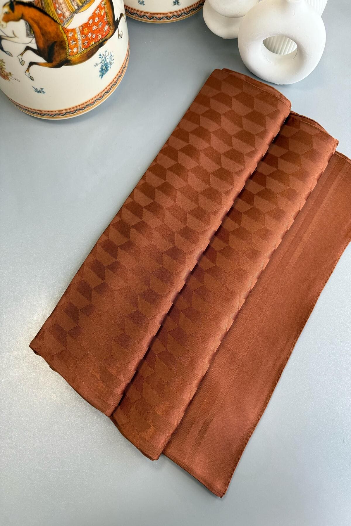 Qoza Desen İpeksi Jakar Şal - Kiremit