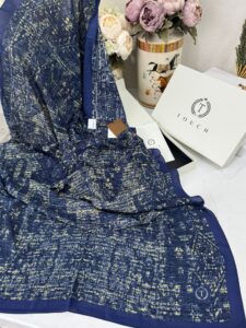 Touch İthal Etnik Desen Pamuk İpek Şal 63457 - Gece Mavisi