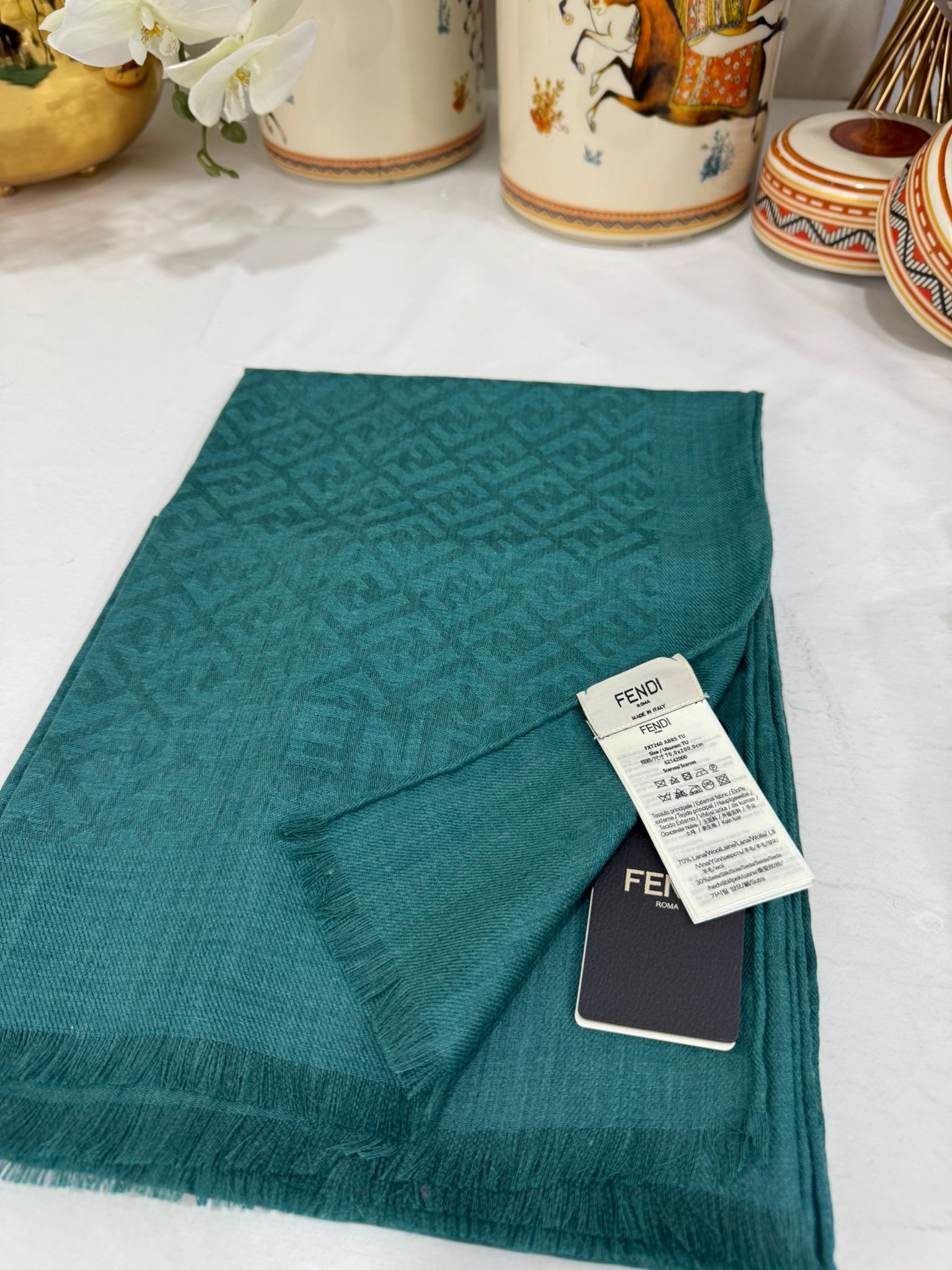 İTHAL A+ Fendi Yün İpek Çift Taraflı Marka Şal 87452 - Zümrüt