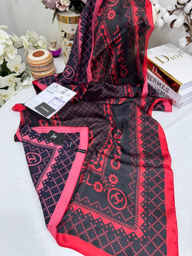 Chanel Çift Taraflı İthal Vual İpel Şal 85651 - Bordo-Siyah