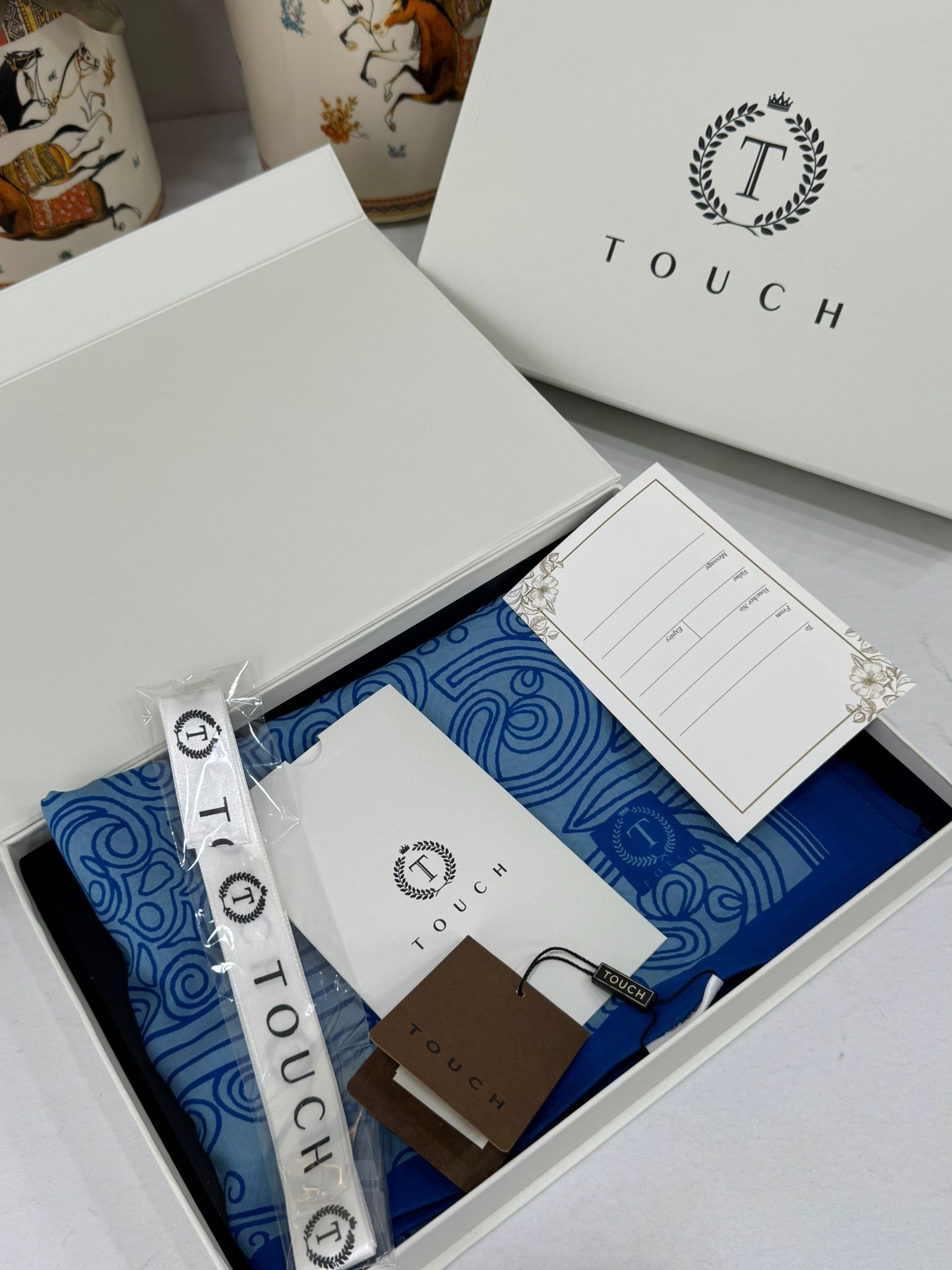 Touch İthal Etnik Desen Pamuk İpek Şal 63459- Mavi - Görsel 2