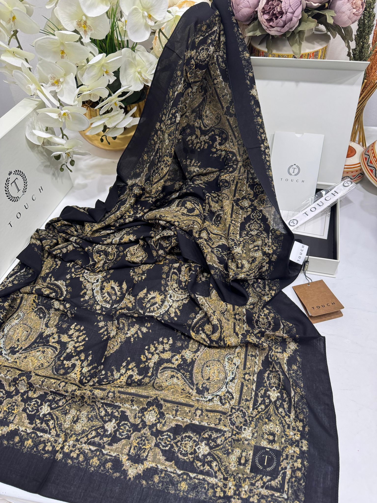 Touch İthal Etnik Desen Pamuk İpek Şal 63456 - Vizon