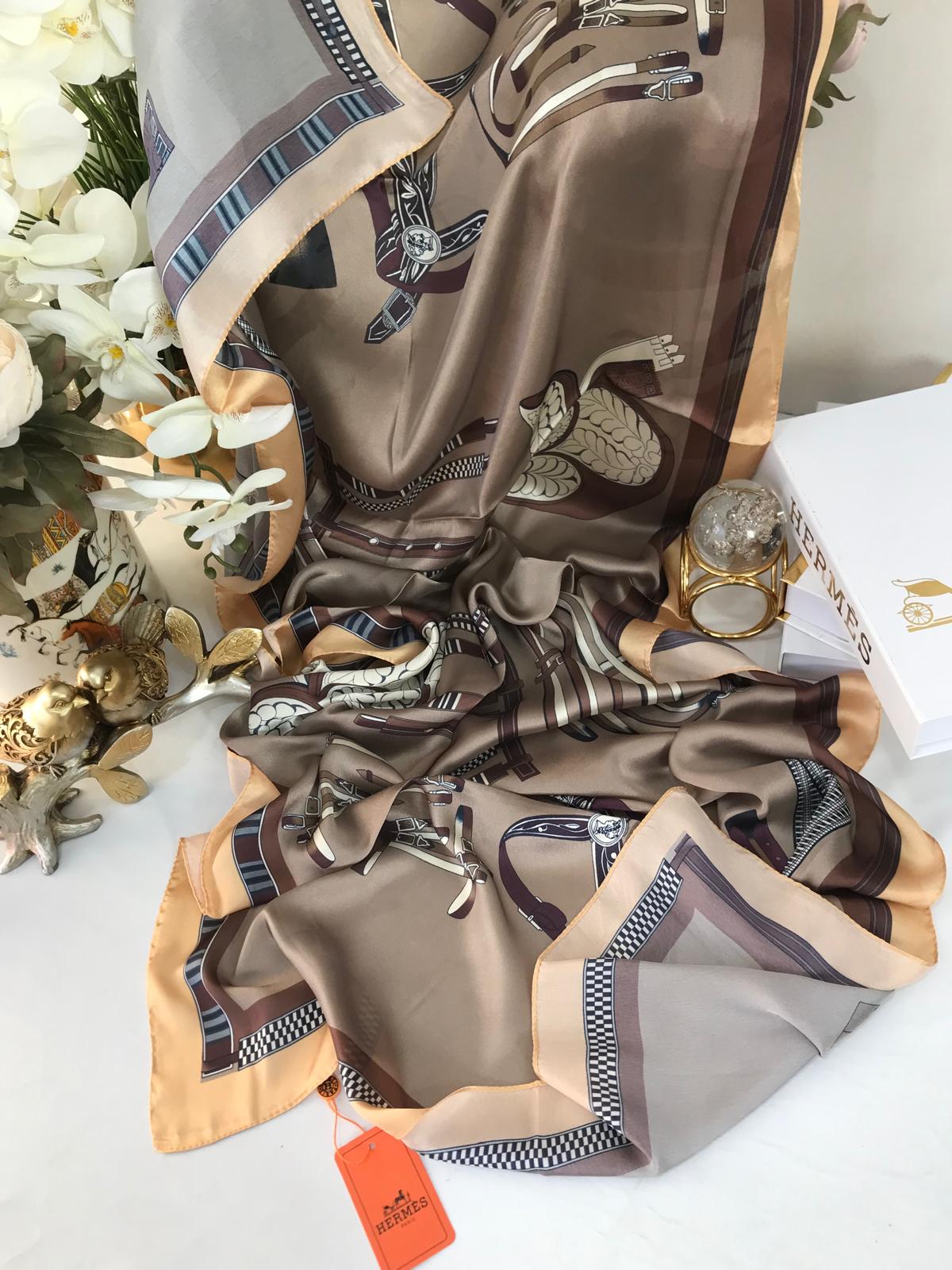 Hermes  İthal Çifttaraflı Vual İpek şal-19050 Vizon - Görsel 3