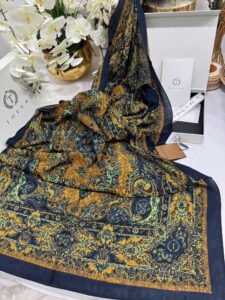 Touch İthal Etnik Desen Pamuk İpek Şal 63456 - Lacivert