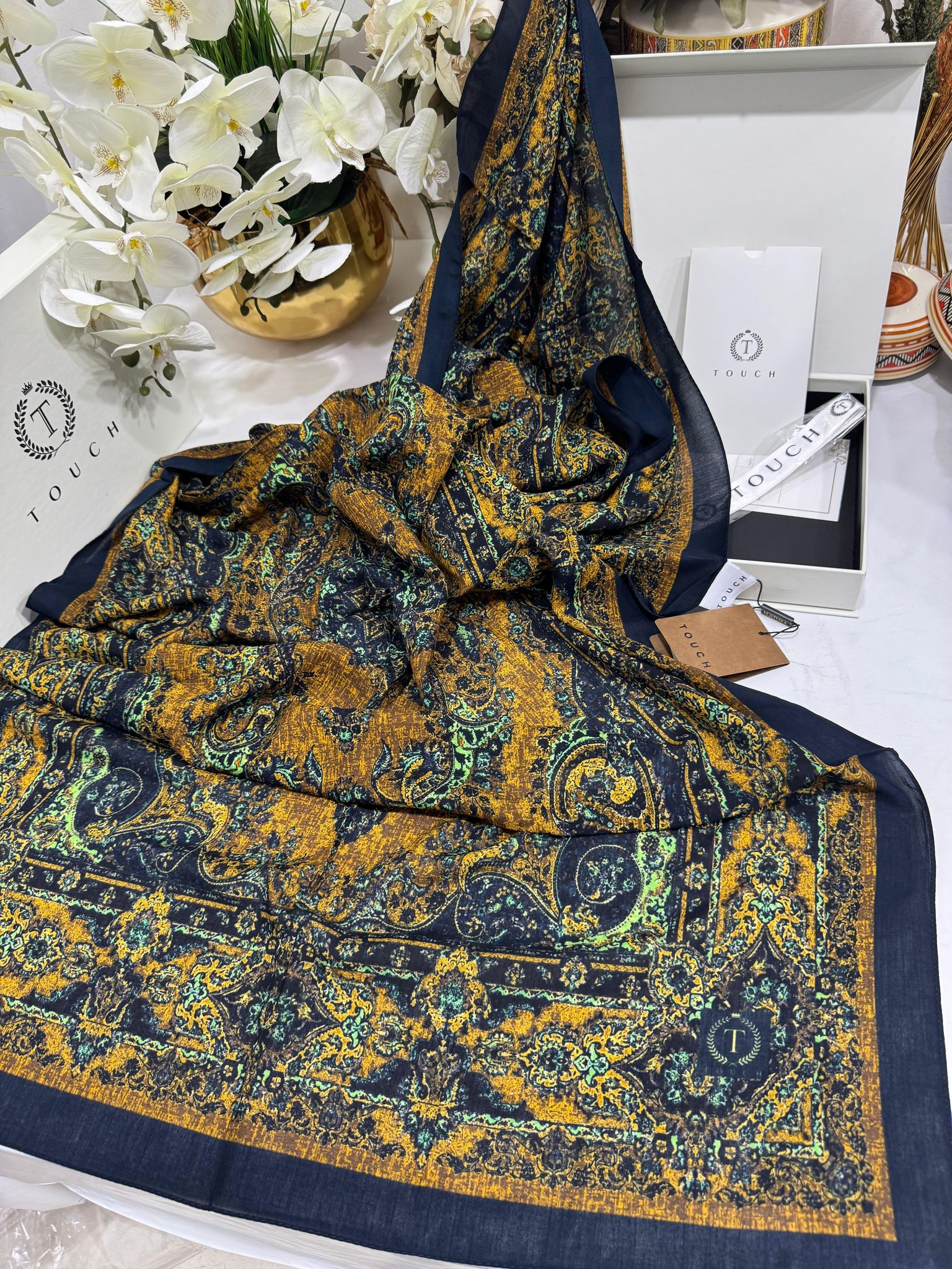 Touch İthal Etnik Desen Pamuk İpek Şal 63456 - Lacivert