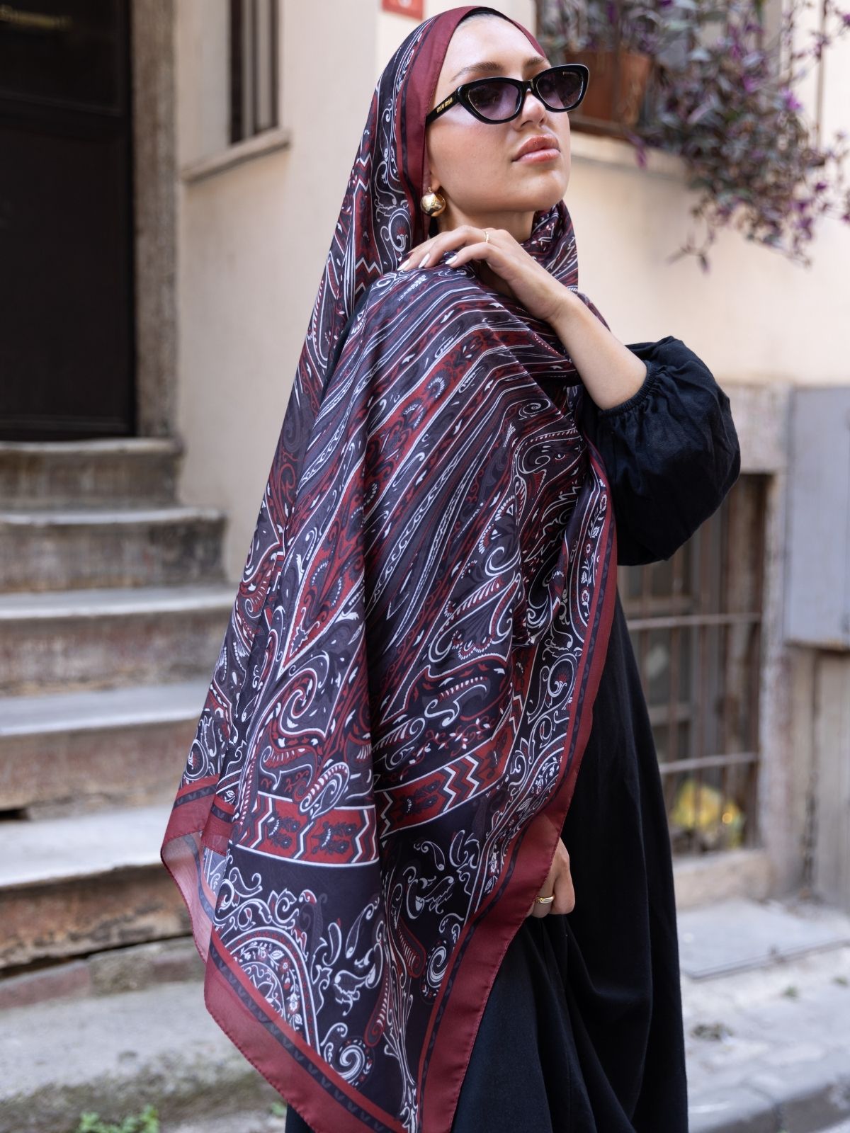 Etro Pamuk İpek Şal 52340 - Bordo/sıyah