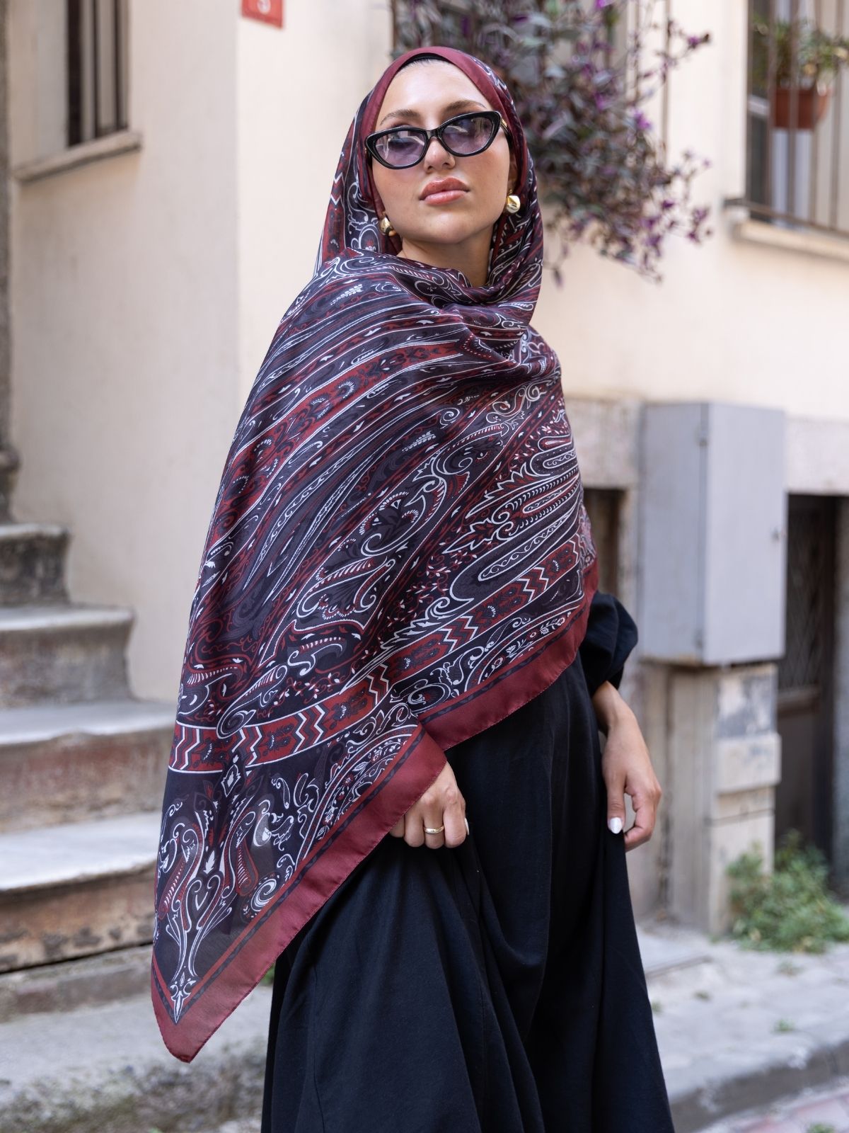 Etro Pamuk İpek Şal 52340 - Bordo/sıyah - Görsel 2