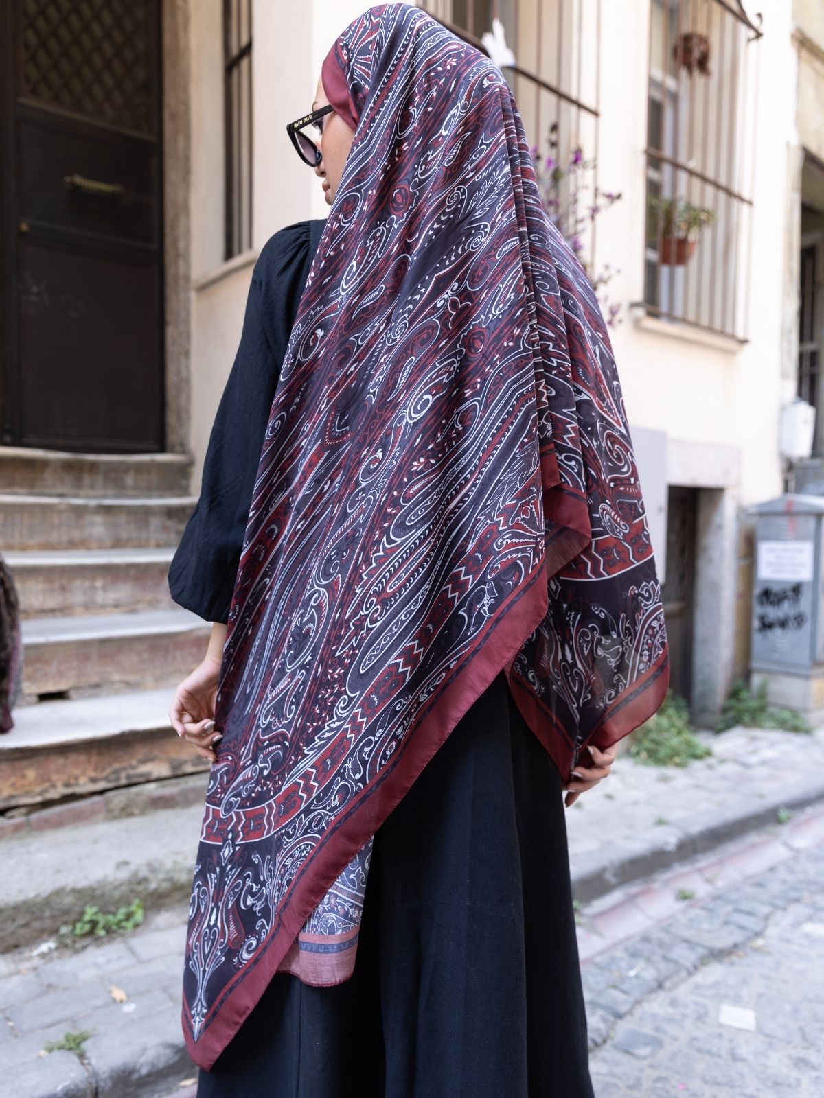 Etro Pamuk İpek Şal 52340 - Bordo/sıyah - Görsel 4