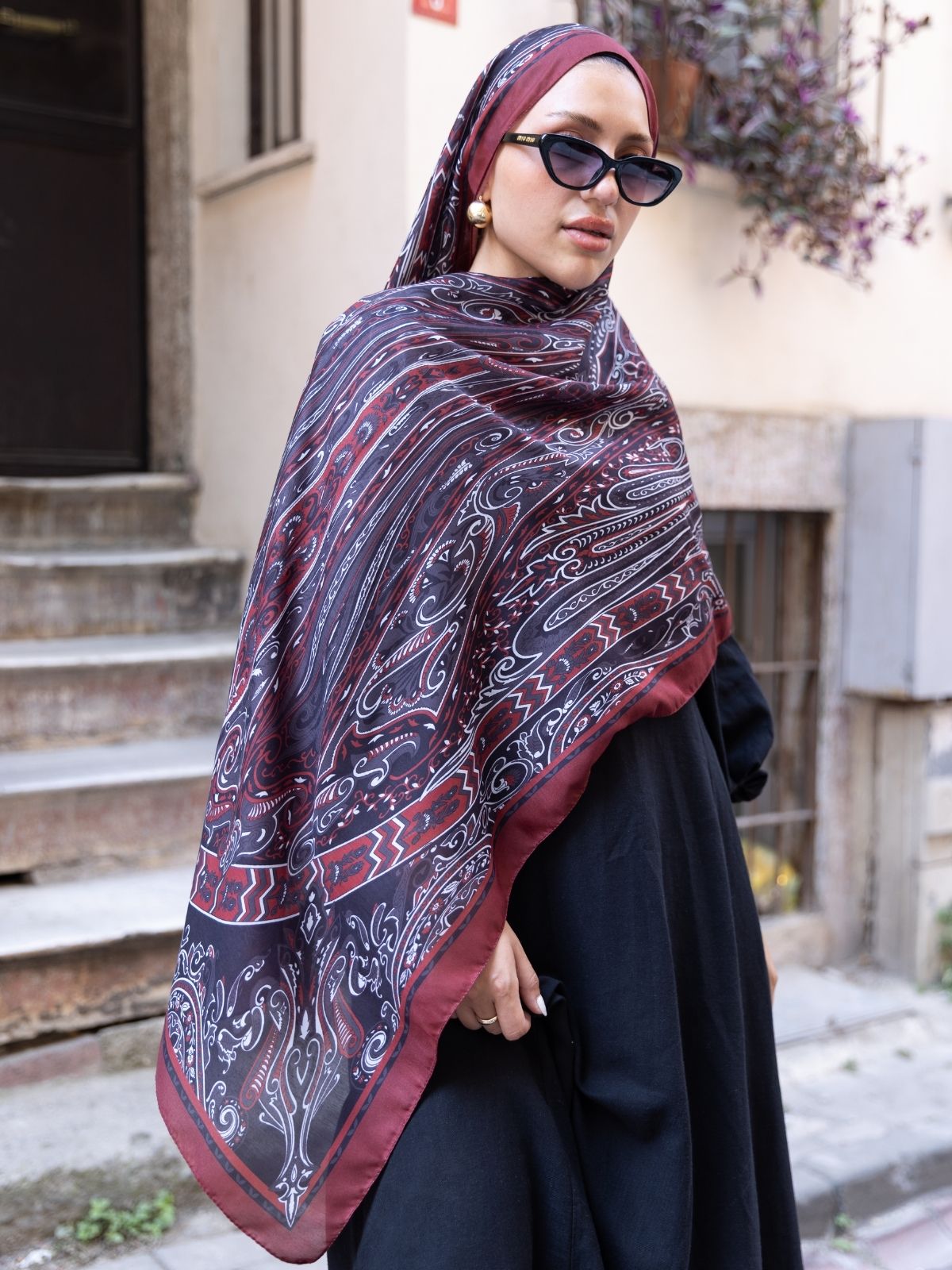 Etro Pamuk İpek Şal 52340 - Bordo/sıyah - Görsel 3