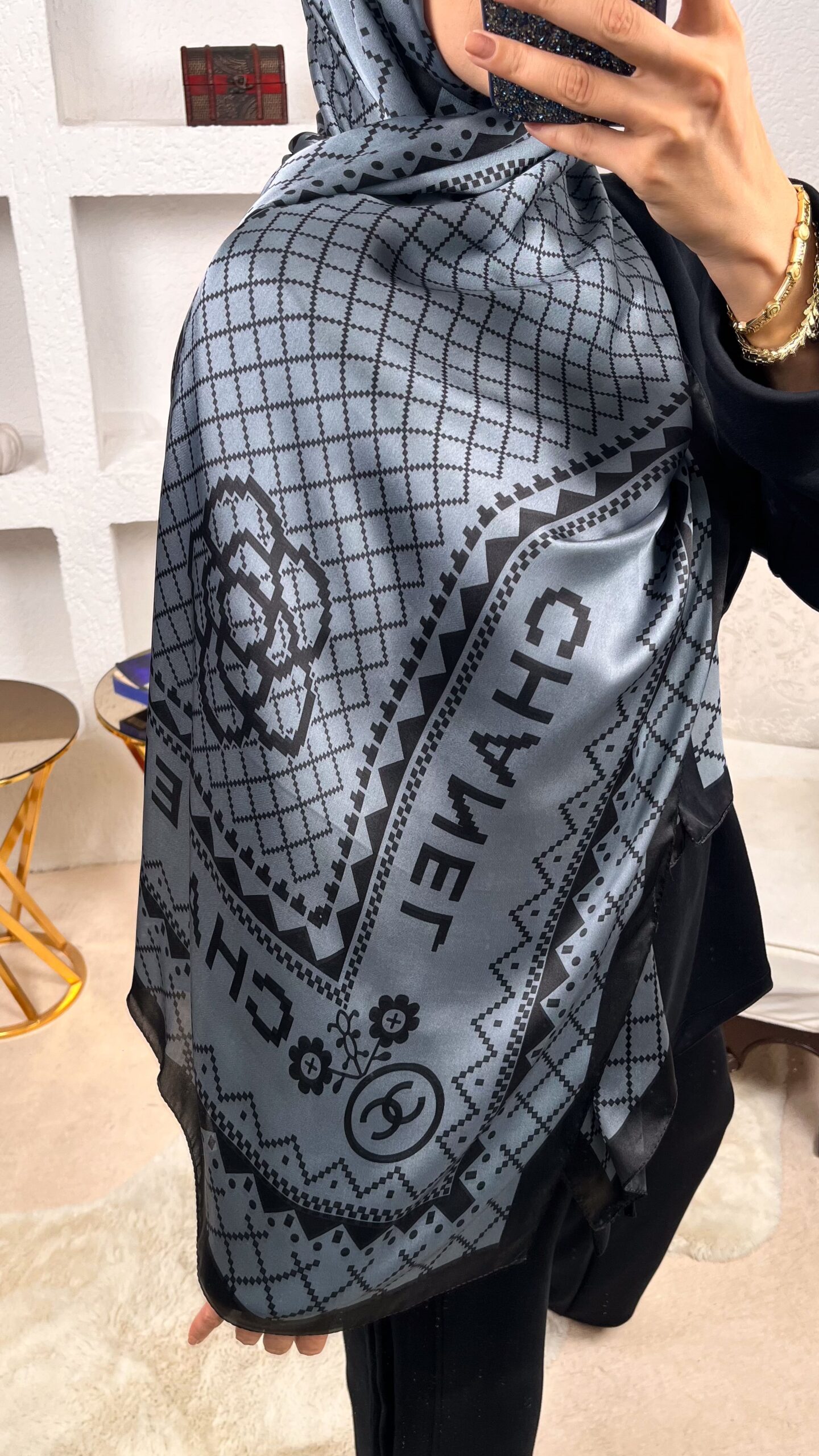 Chanel Çift Taraflı İthal Vual İpel Şal 85651 - Füme - Görsel 2