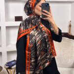 Channel Çizgili leopar çifttaraflı vual ipek şal-43080 Turuncu