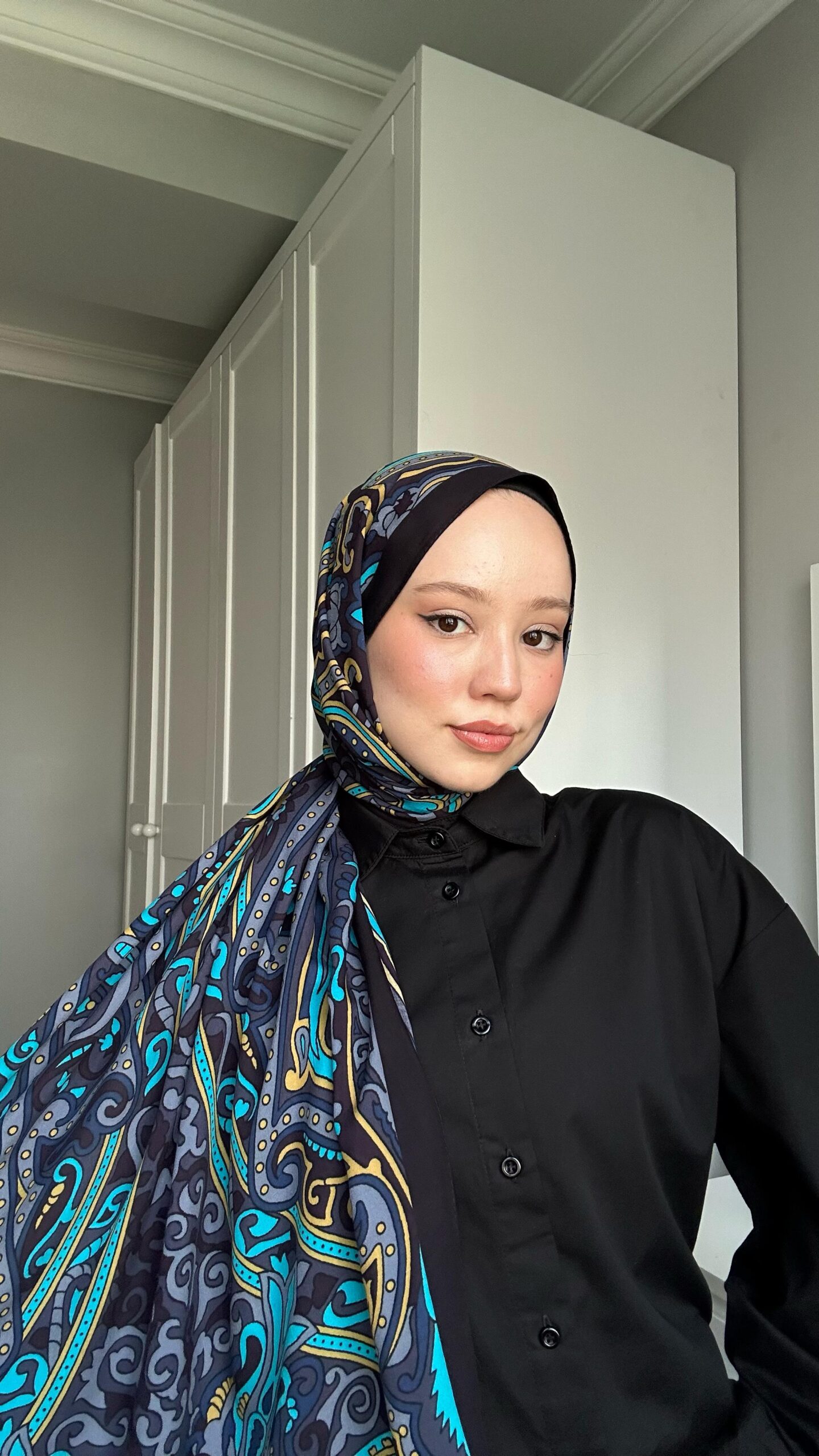 Touch İthal Etnik Desen Pamuk İpek Şal 63458 - Siyah-Petrol - Görsel 5