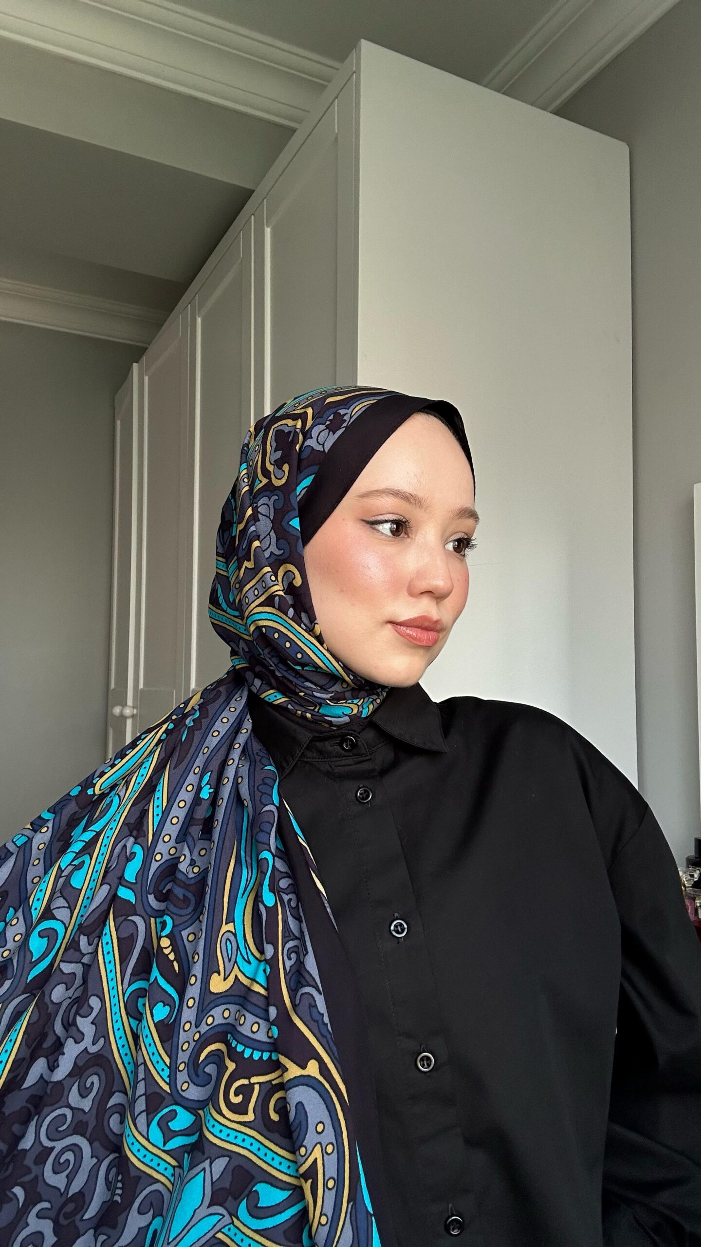 Touch İthal Etnik Desen Pamuk İpek Şal 63458 - Siyah-Petrol - Görsel 4