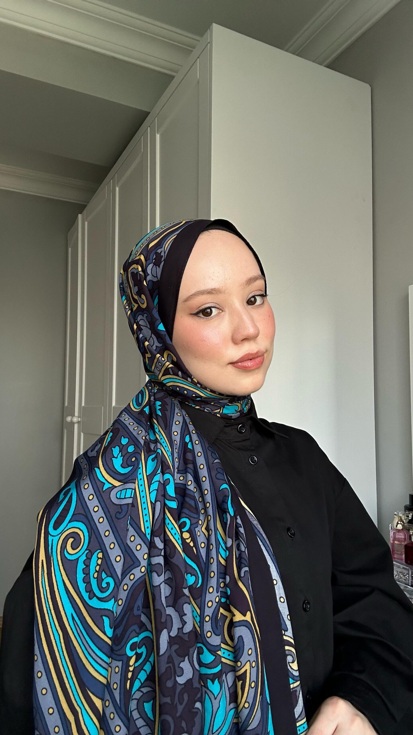 Touch İthal Etnik Desen Pamuk İpek Şal 63458 - Siyah-Petrol