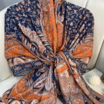 etnik hint deseni pamuk ipek şal -313131   koyu lacivert/turuncu