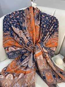 etnik hint deseni pamuk ipek şal -313131   koyu lacivert/turuncu