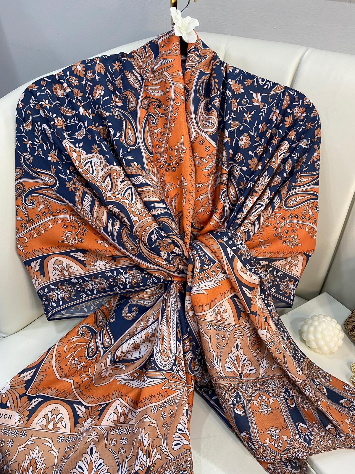 etnik hint deseni pamuk ipek şal -313131   koyu lacivert/turuncu