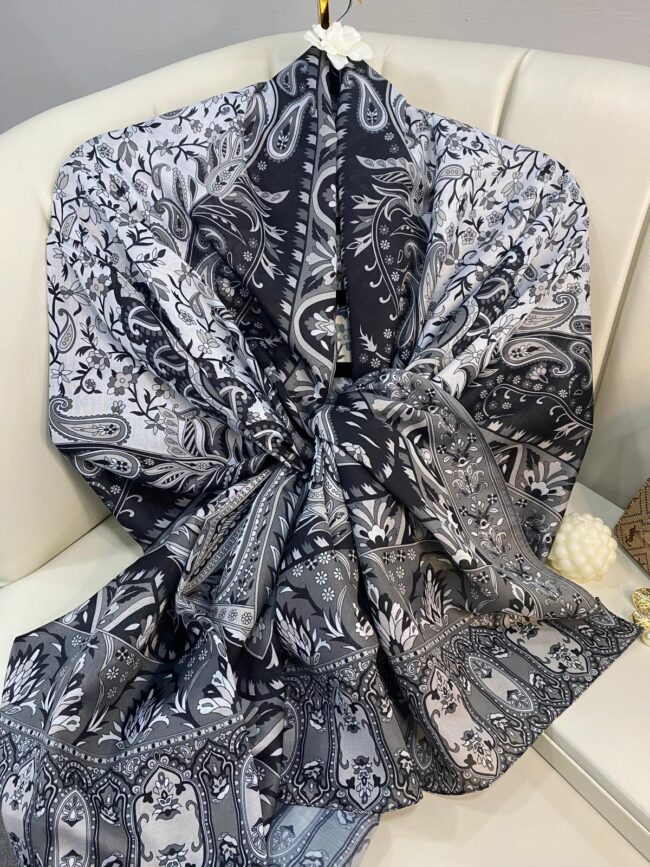 etnik hint deseni pamuk ipek şal -313131 gri/beyaz