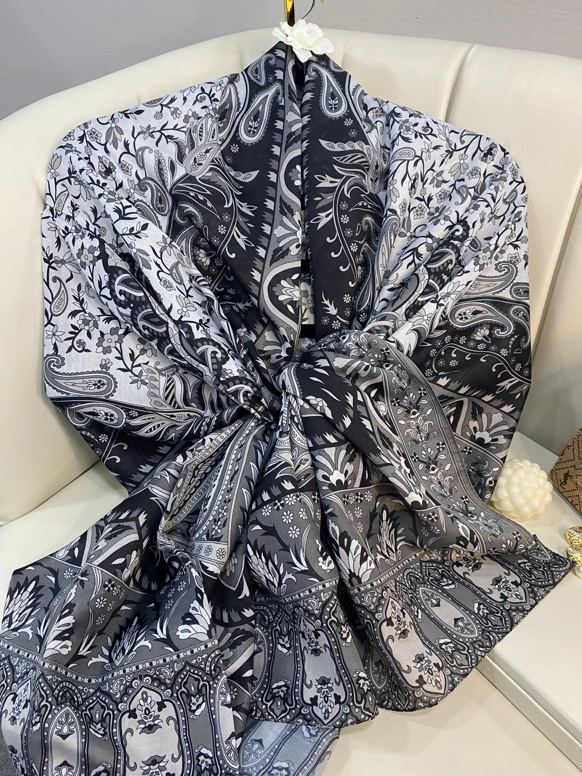 etnik hint deseni pamuk ipek şal -313131   gri/beyaz