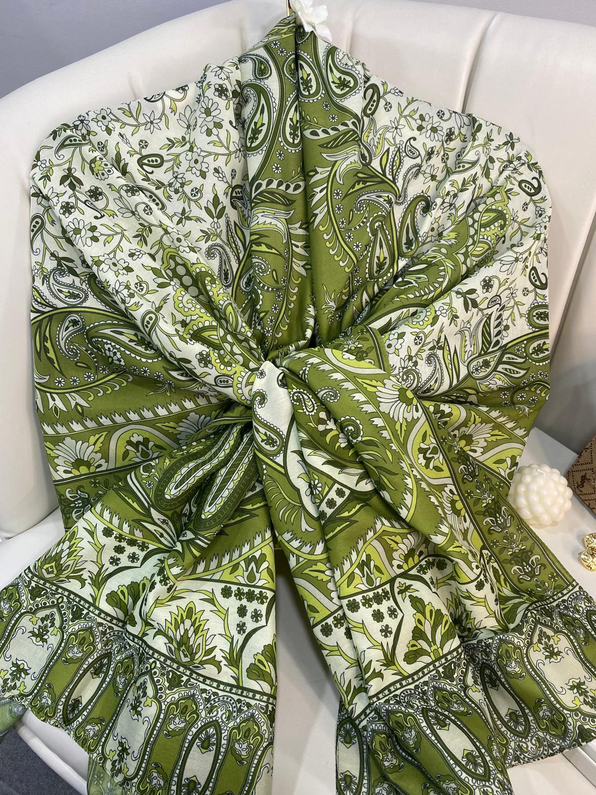 etnik hint deseni pamuk ipek şal -313131  fıstık yeşili/krem