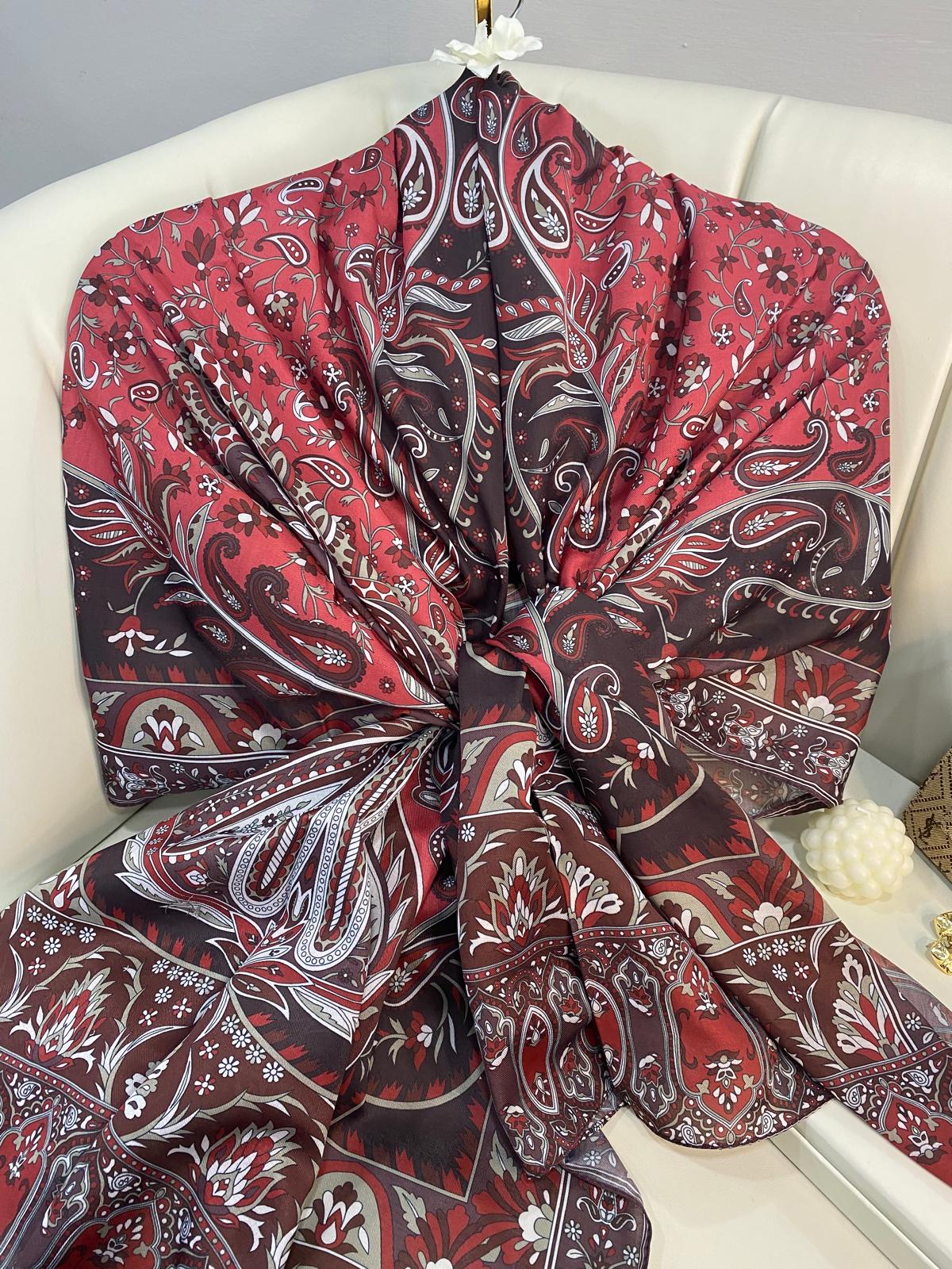 etnik hint deseni pamuk ipek şal -313131 kahve/açık kırmızı