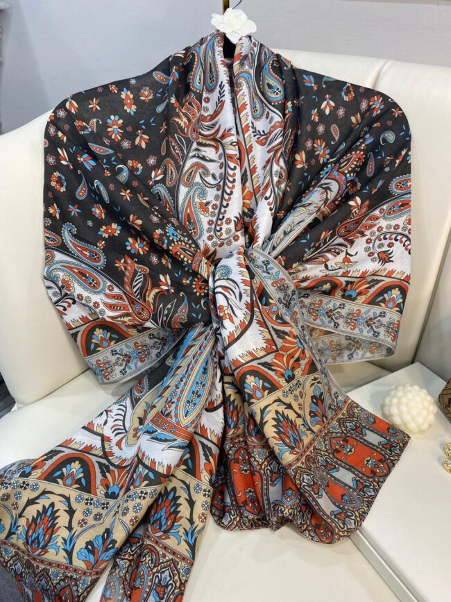 etnik hint deseni pamuk ipek şal -313131  turuncu/beyaz