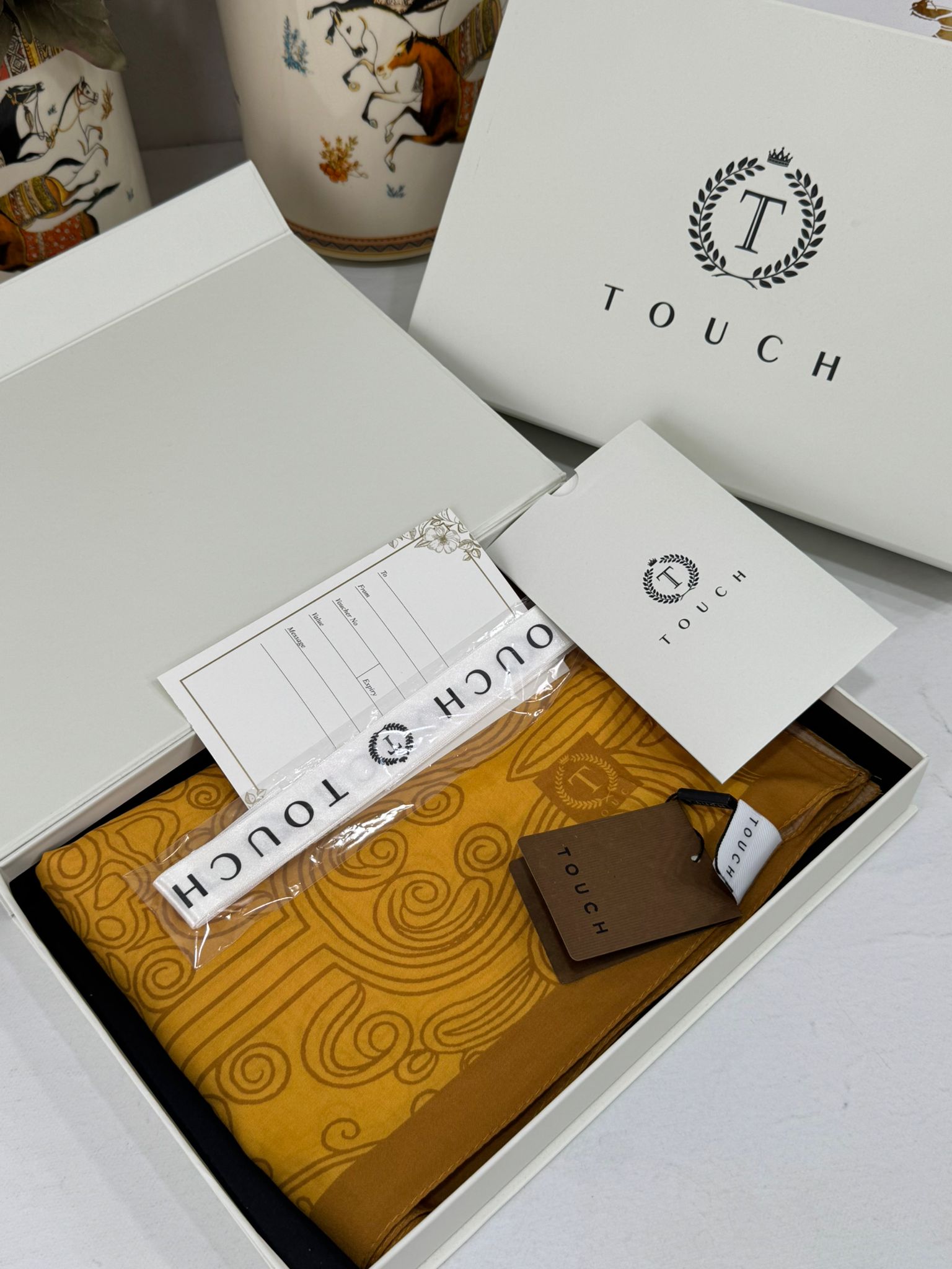 Touch İthal Etnik Desen Pamuk İpek Şal 63459- Hardal