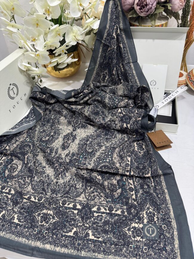 Touch İthal Etnik Desen Pamuk İpek Şal 63456 - Duman