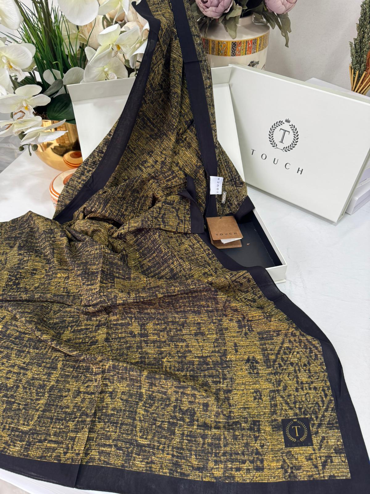 Touch İthal Etnik Desen Pamuk İpek Şal 63457 - Haki