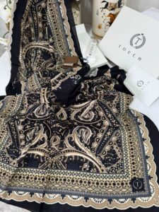 Touch İthal Etnik Desen Pamuk İpek Şal 63460-Siyah - açık vizon