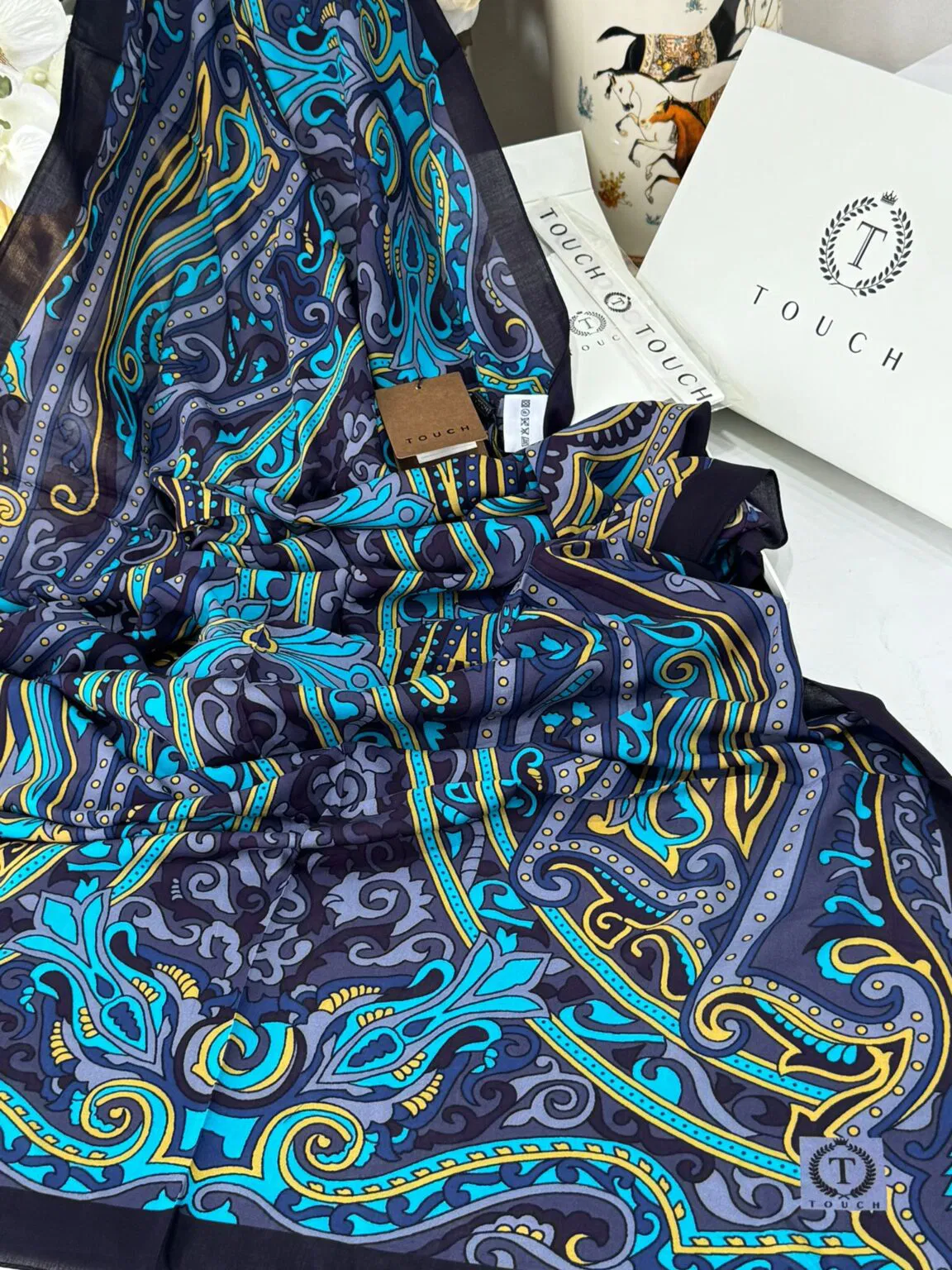 Touch İthal Etnik Desen Pamuk İpek Şal 63458 - Siyah-Petrol - Görsel 6