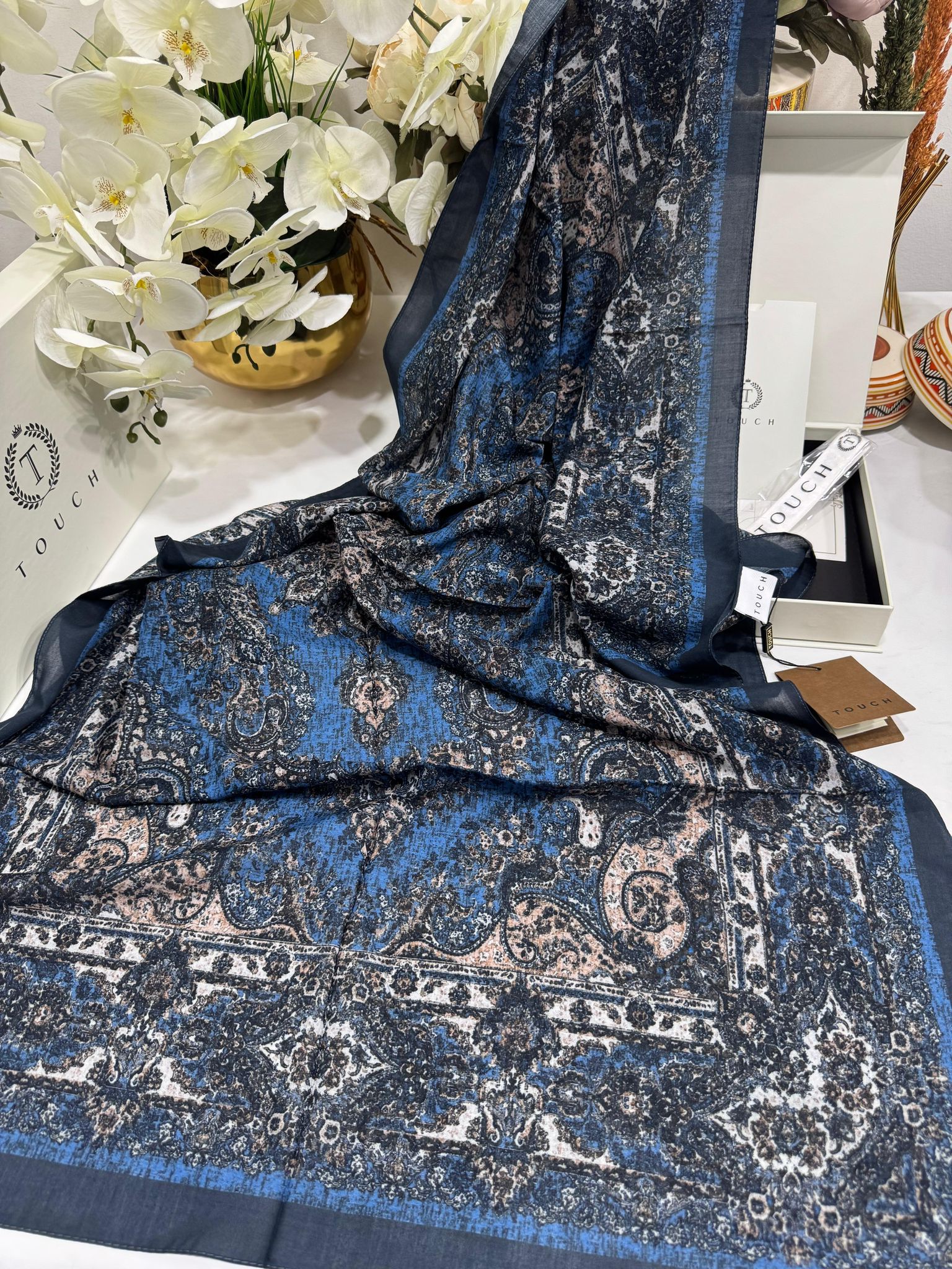Touch İthal Etnik Desen Pamuk İpek Şal 63456 - Gece Mavisi