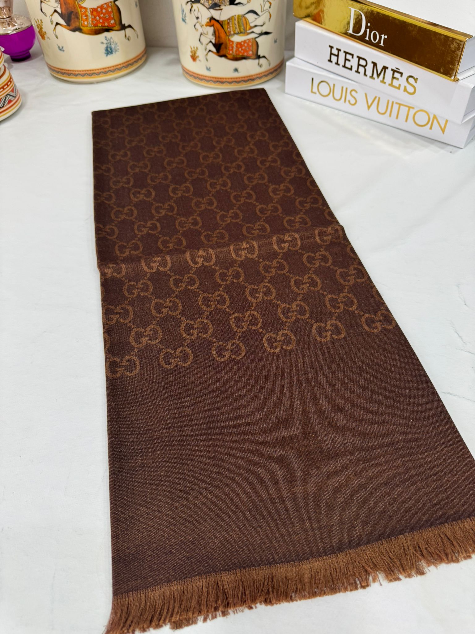 İTHAL A+++ Yün İpek Çift Taraflı Marka Şal 87452 - Kahve - Görsel 2