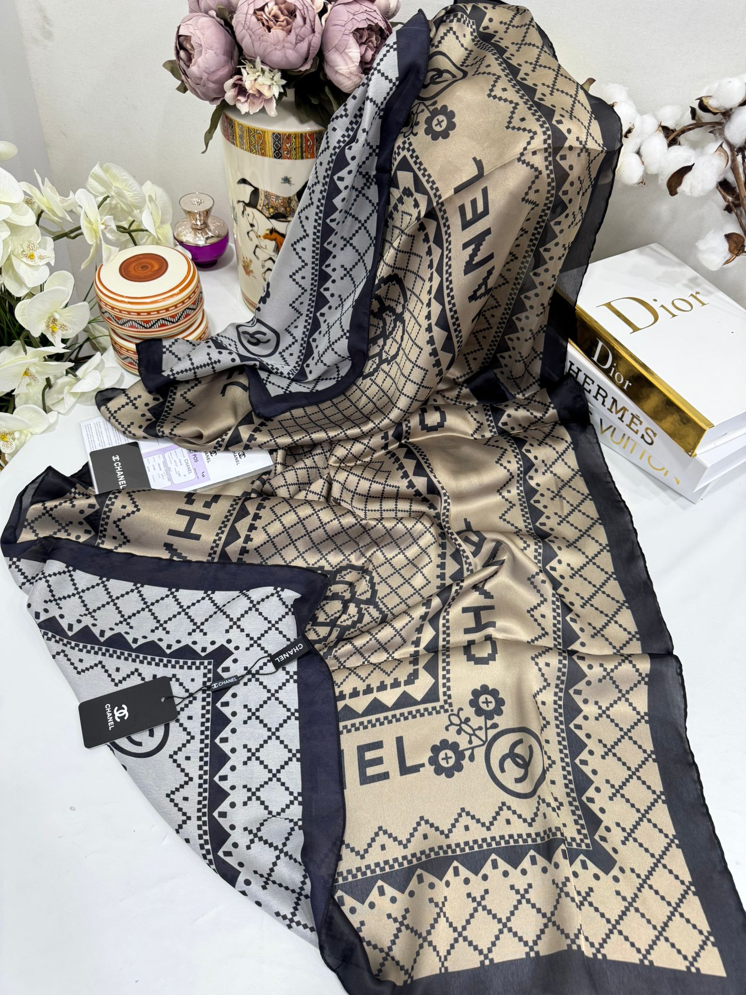 Chanel Çift Taraflı İthal Vual İpel Şal 85651 - Vizon - Görsel 3