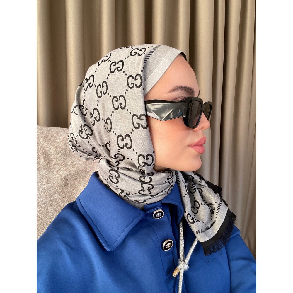 G Desenli İpek Kaşmir Çift Taraflı Şal 78003 440344 - Gri-siyah