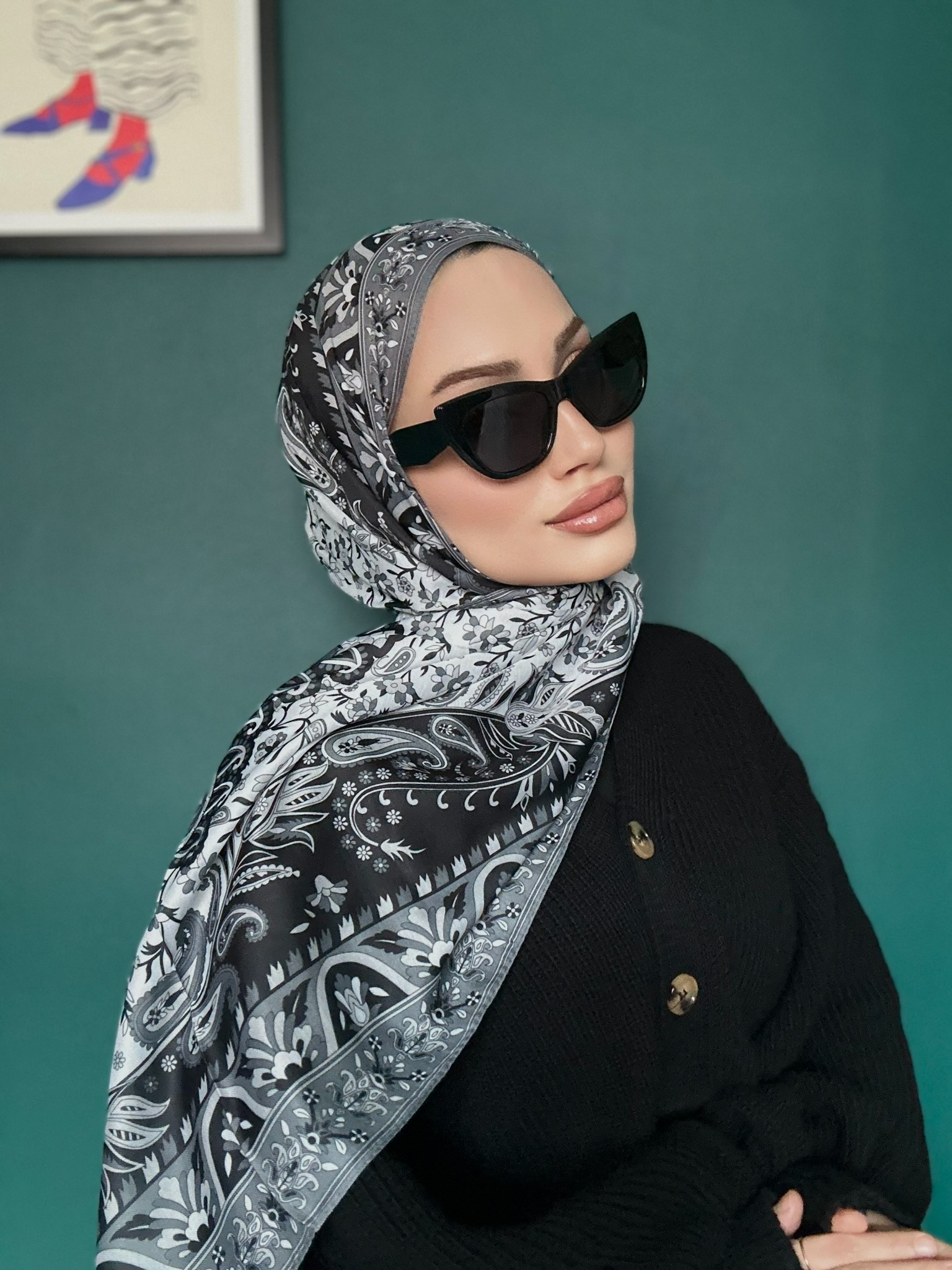 etnik hint deseni pamuk ipek şal -313131   gri/beyaz - Görsel 2