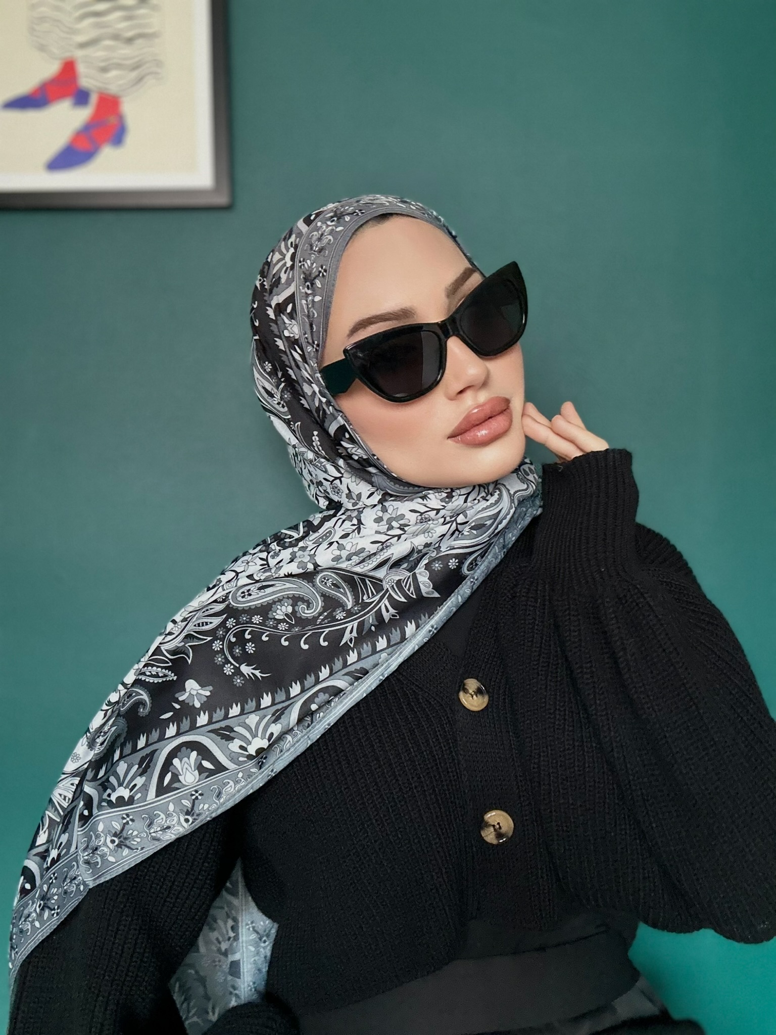 etnik hint deseni pamuk ipek şal -313131   gri/beyaz - Görsel 3