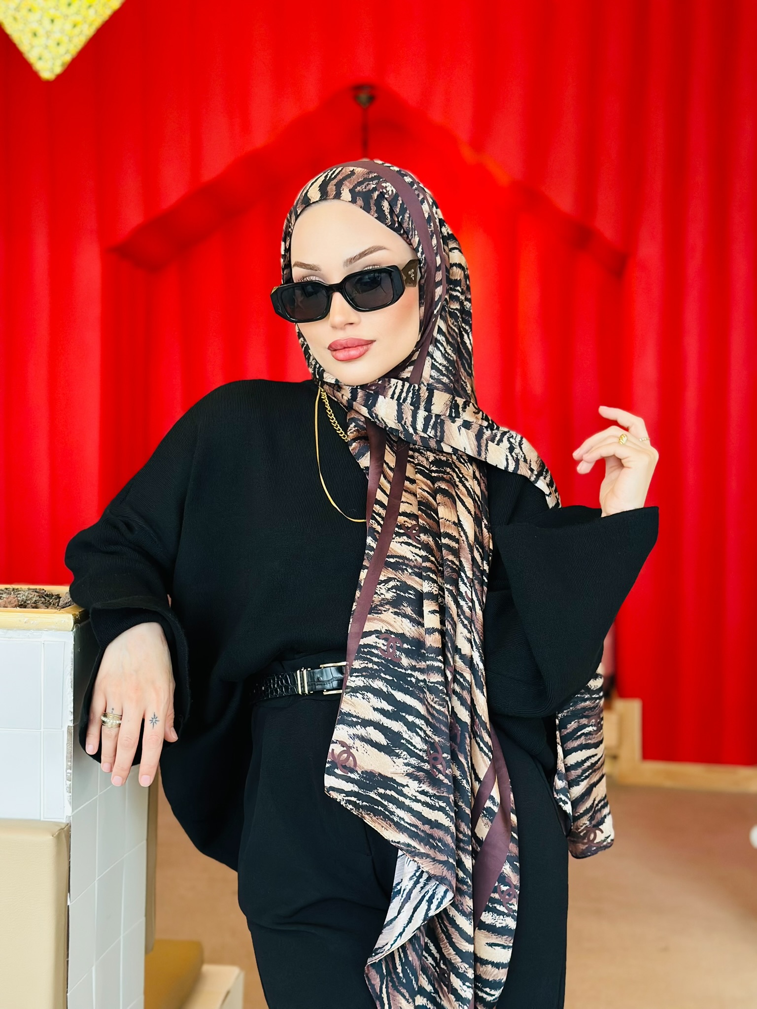 Channel Çizgili leopar çifttaraflı vual ipek şal-43080 Koyu kahve - Görsel 7