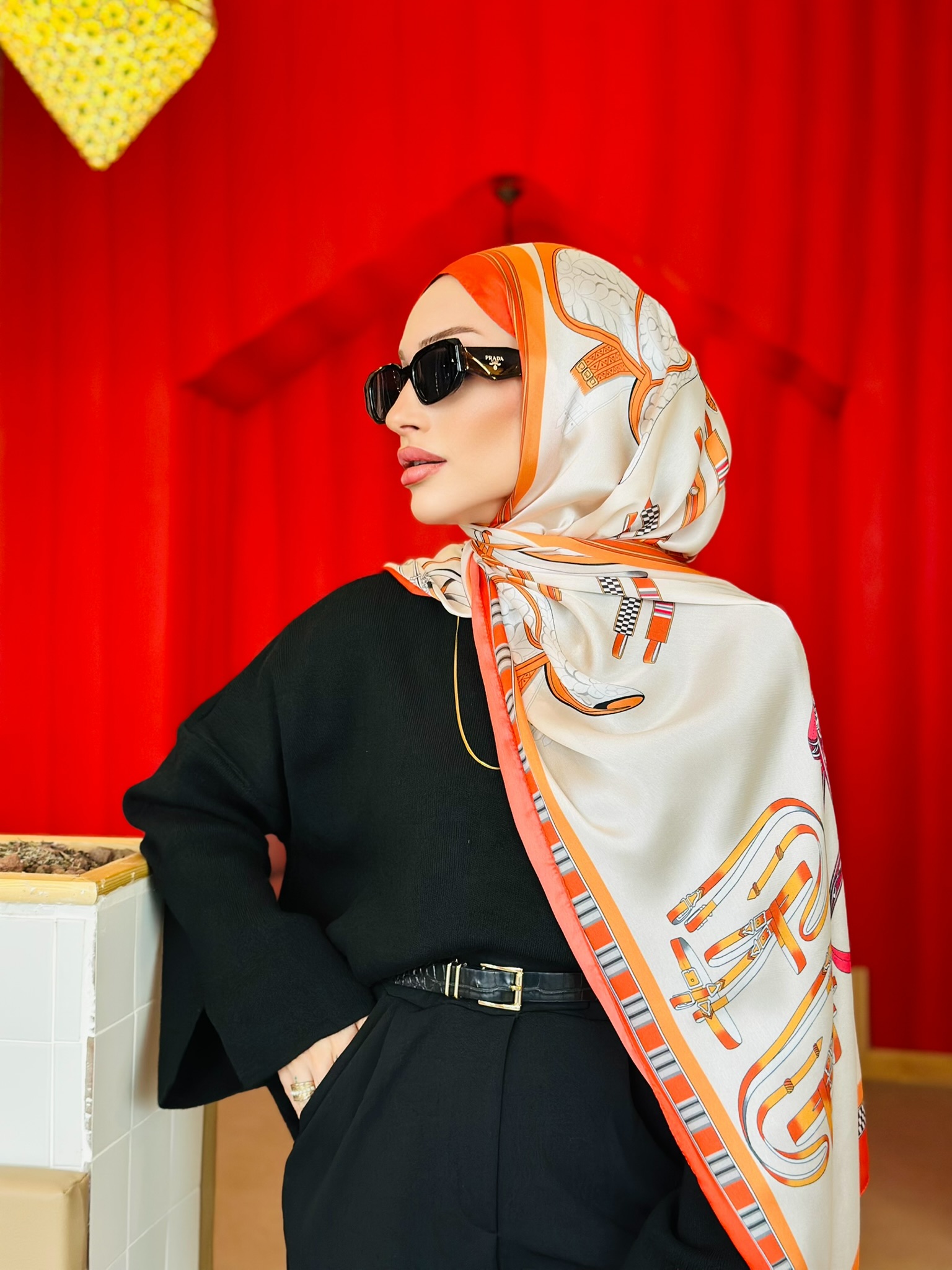 Hermes  İthal Çifttaraflı Vual İpek şal-19050 Ekru Turuncu - Görsel 2