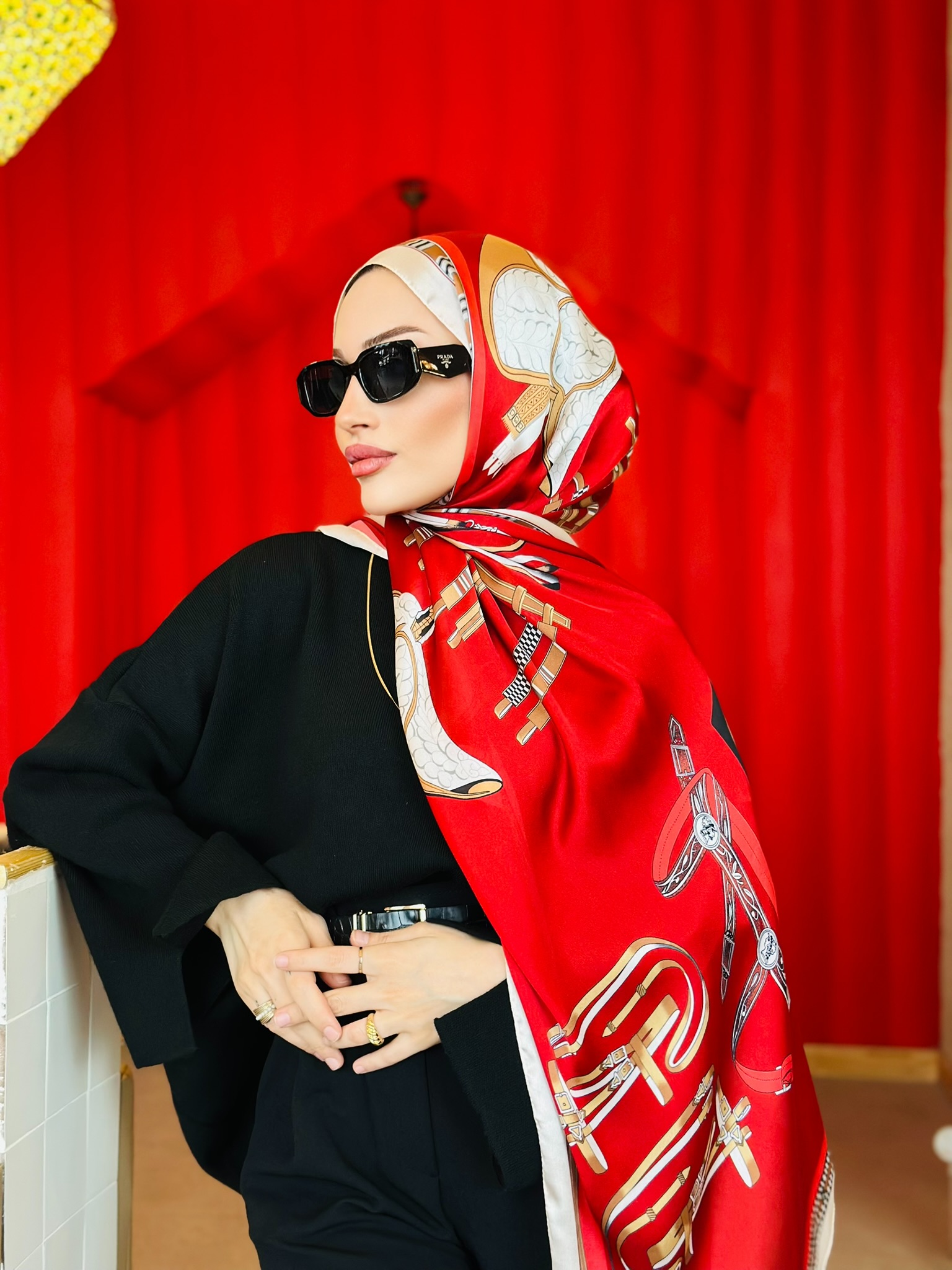 Hermes  İthal Çifttaraflı Vual İpek şal-19050 Ekru kırmızı - Görsel 2