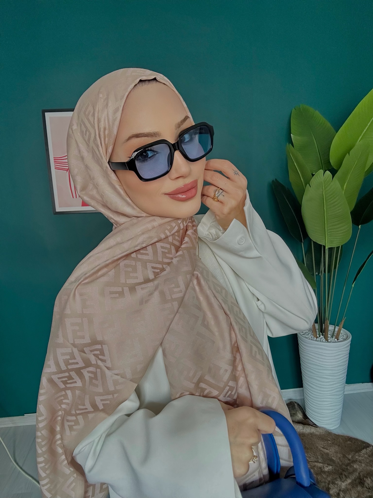 F Desenli İpek Kaşmir Çift Taraflı Şal 78001 -  Bej-Pudrax