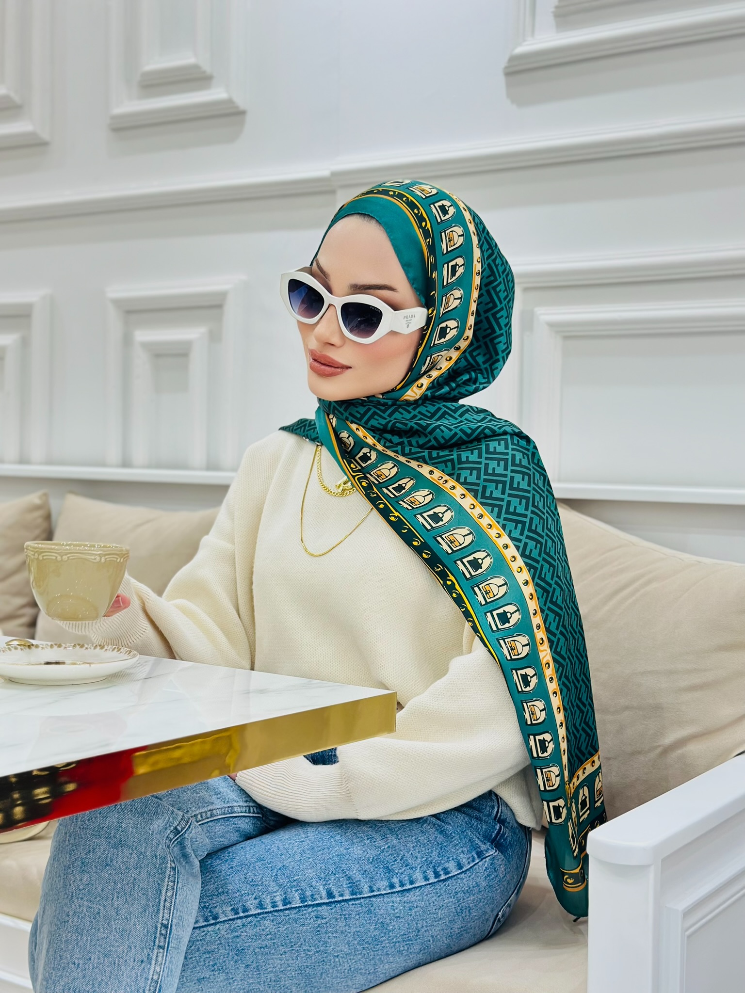 Fendi Çift Taraflı Vual İpek Şal 11143 - Zümrüt - Görsel 5